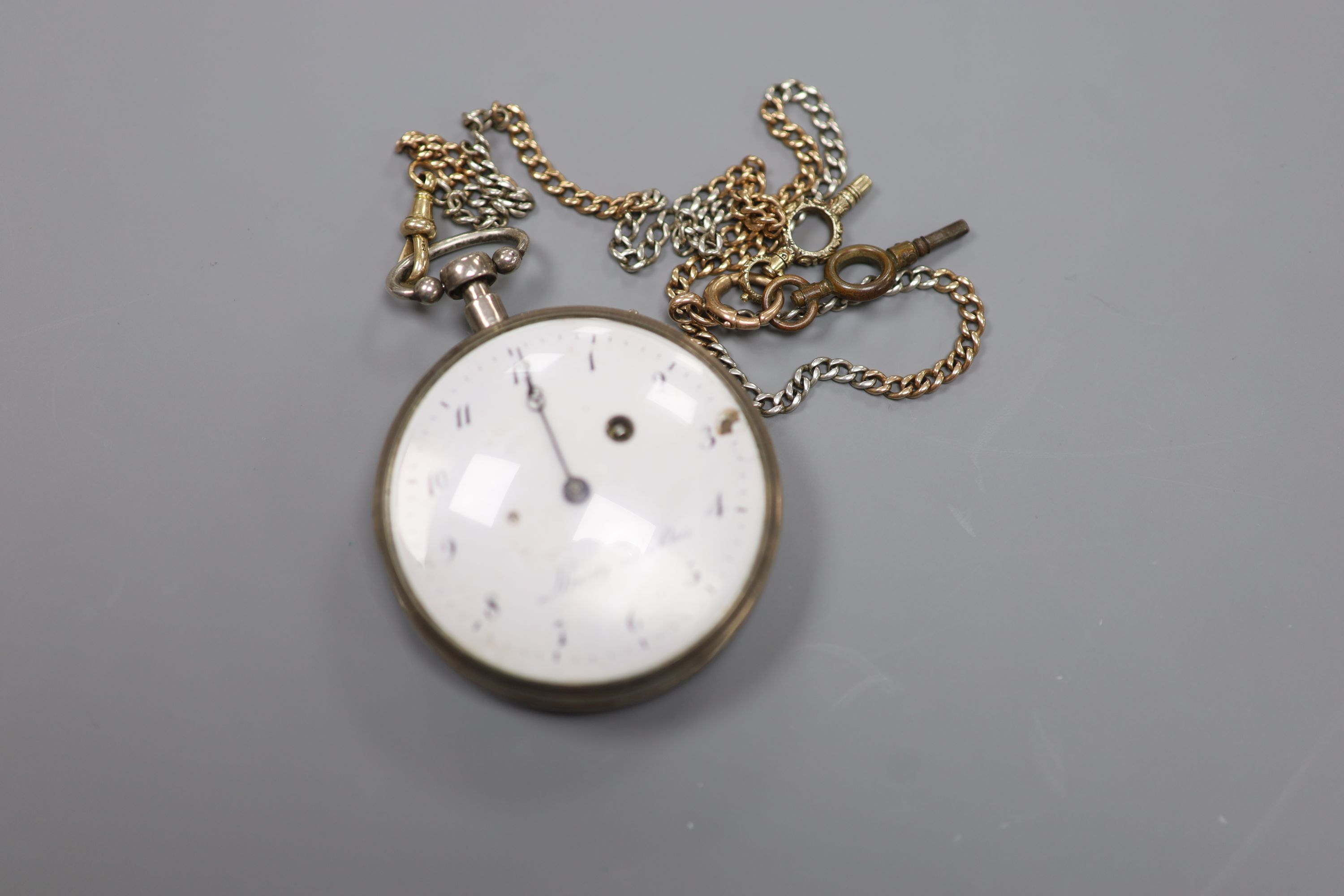 A 19th century Swiss white metal repeating keywind open faced pocket watch by L'Hardy Du Bois, (dial a.f.), on a 15ct and white metal curblink albert with two keys